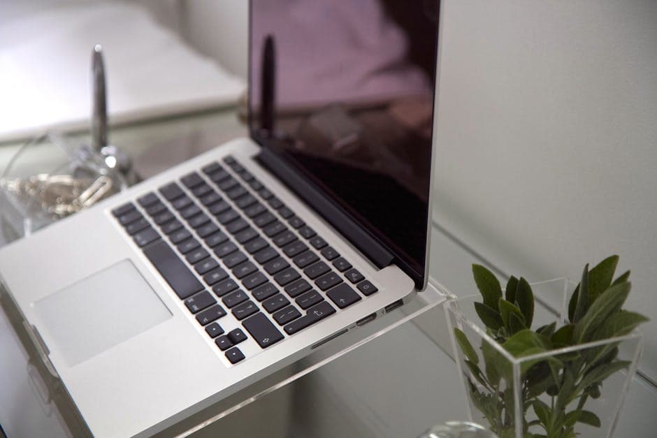 A sleek laptop on a glass desk with a plant, showcasing a modern workspace setup.