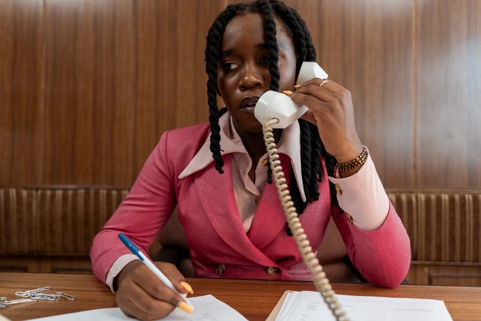 Businesswoman in retro office attire making important phone call, focused and attentive.