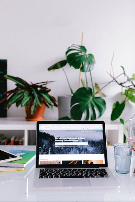 A sleek laptop on a desk in a modern home office with vibrant green plants.