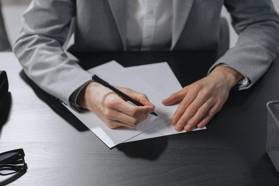 Professional hands signing a document in an office setting for business purposes.