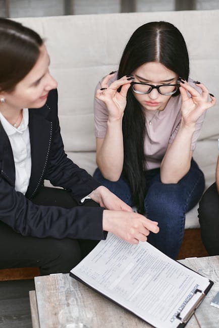 Focused businesswomen discuss contract details while reviewing important documents in an office setting.