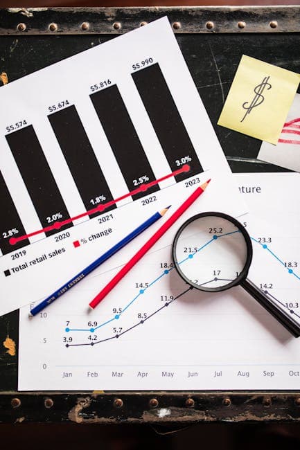 Financial documents showing charts and graphs with a magnifying glass and pencils for detailed analysis.