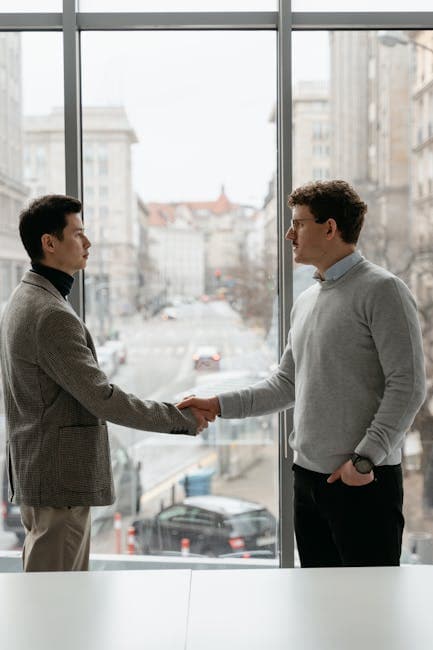Businessmen in a modern office setting, sealing a deal with a handshake against a city backdrop.
