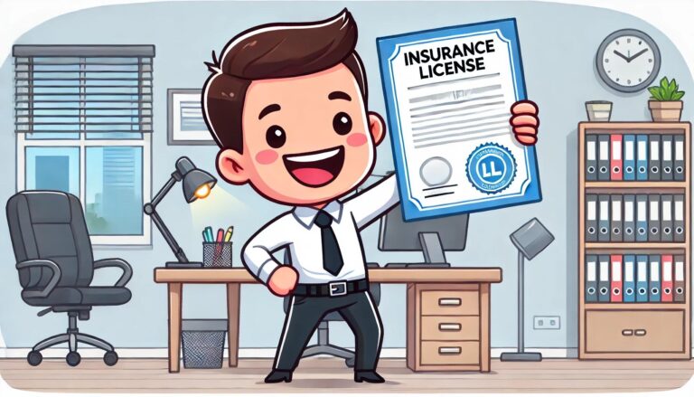 "Cheerful cartoon character in professional attire holding an insurance license certificate, celebrating their achievement in an office setting with a desk and office supplies in the background."